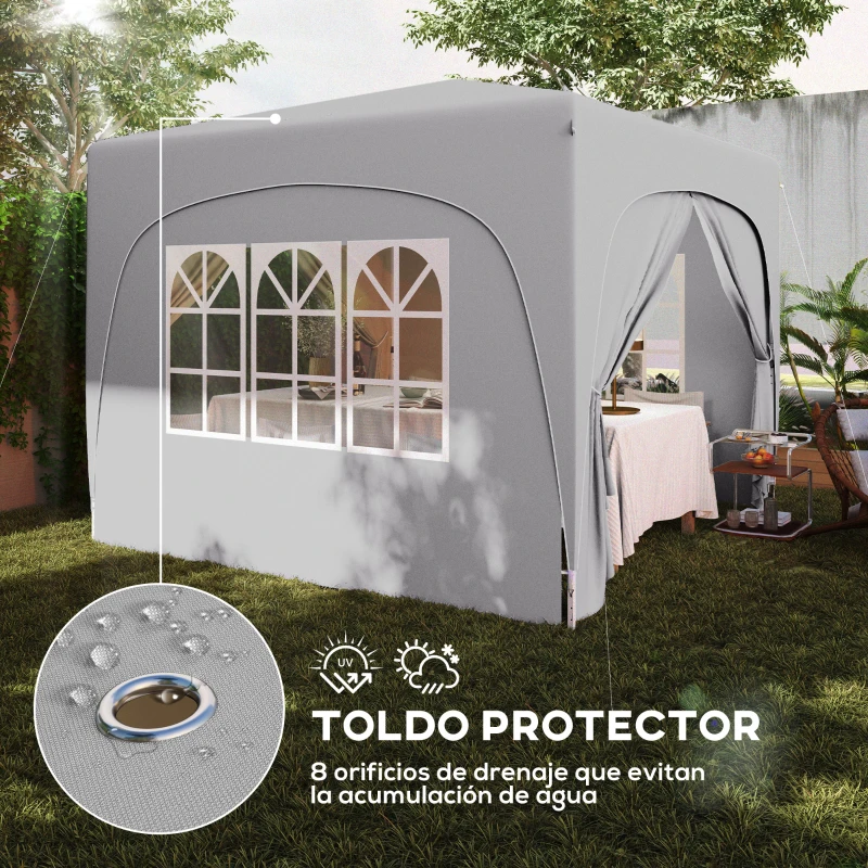 Outsunny Carpa Plegable 3x3 m con Altura Ajustable 3 Niveles 4 Laterales Ventanas y Bolsa UPF50+ Impermeable Gris