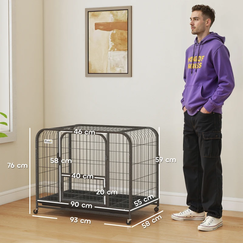 PawHut Gaiola Resistente para Cães com Rodas, Porta de Alimentação e Tabuleiro Removível para Cães Pequenos 93x58x76 cm Preto