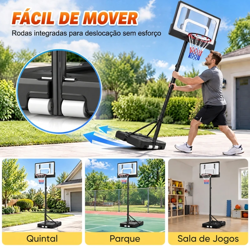 SPORTNOW Cesto de Basquetebol Infantil com Suporte Ajustável 108-213 cm com Rodas Preto