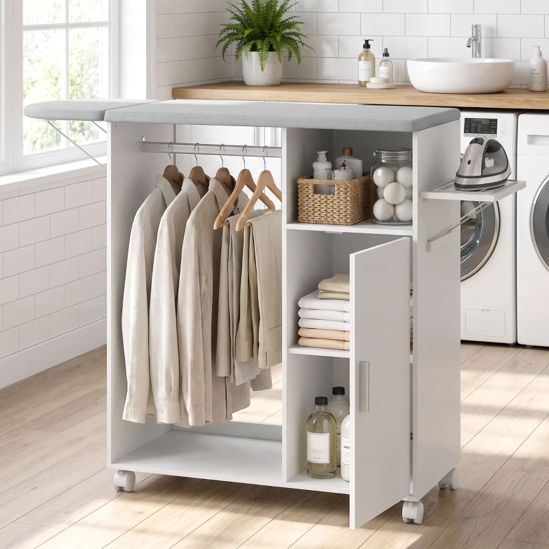 HOMCOM Rolling Ironing Board Cabinet, Foldable Ironing Station with Storage, Wheels for Home, Laundry Room, White