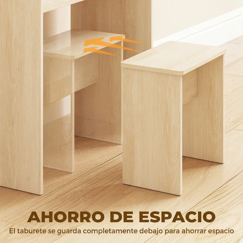 HOMCOM Tocador con Espejo Abatible y Taburete Mesa de Maquillaje con Cajón y 6 Compartimentos 81x40x117 cm Roble