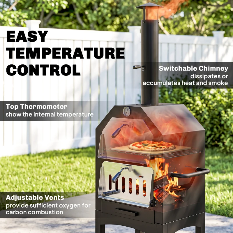 Outsunny Outdoor Garden Pizza Oven Charcoal BBQ Grill 3-Tier Freestanding w/ Chimney, Mesh Shelf, Thermometer Handles, Wheels Garden Party Gathering Steel Cooker