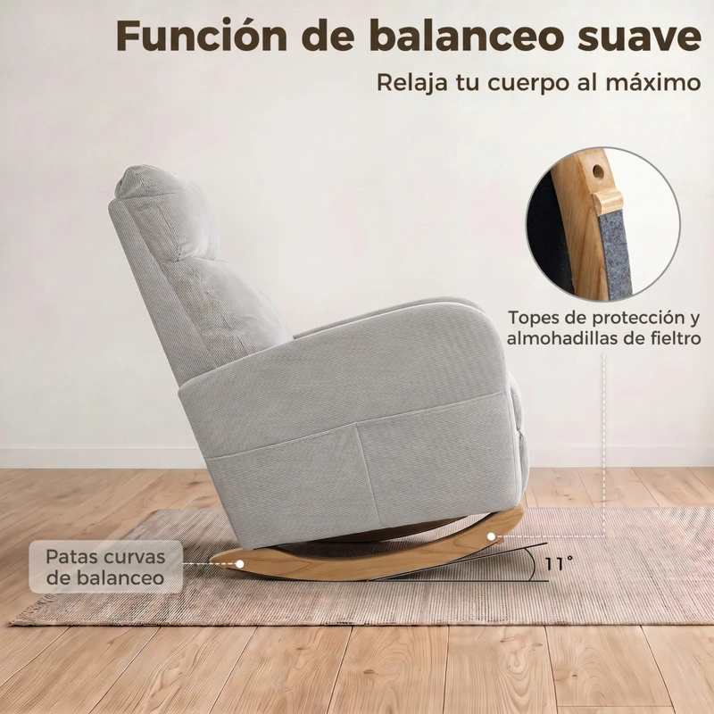 HOMCOM Silla Mecedora de Pana con Respaldo Alto Patas de Madera Bolsillos Reposabrazos Estilo Moderno Gris Claro