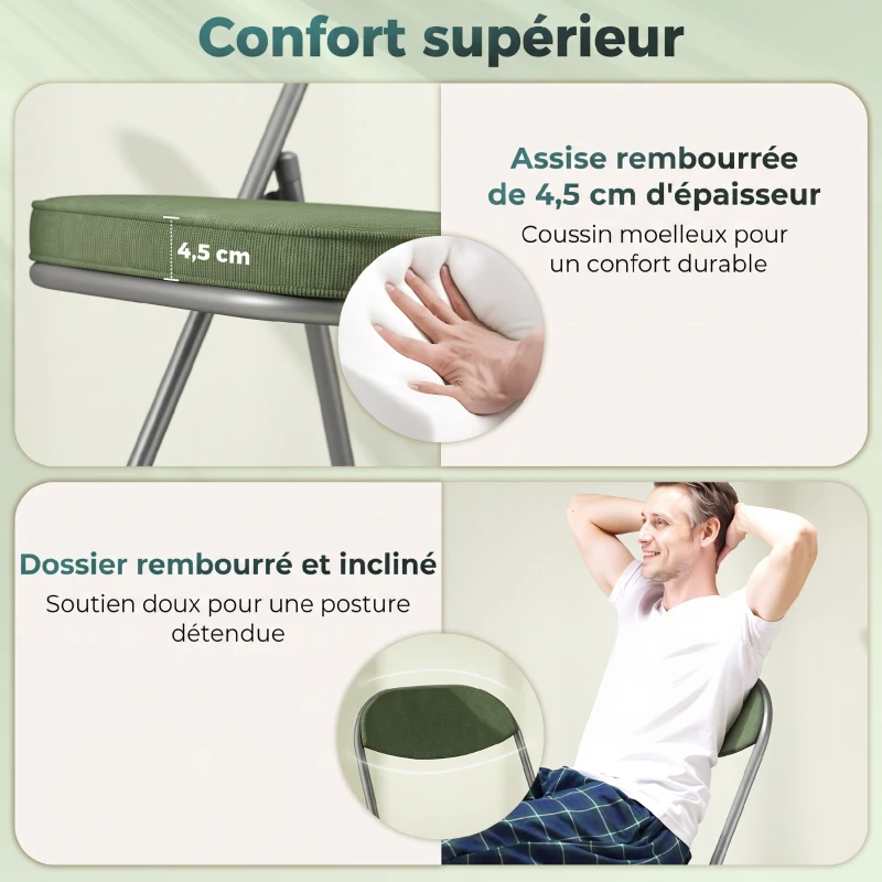 HOMCOM Lot de 2 chaises pliantes chaises de salle à manger portables avec assises et dossiers rembourrés en velours côtelé vert