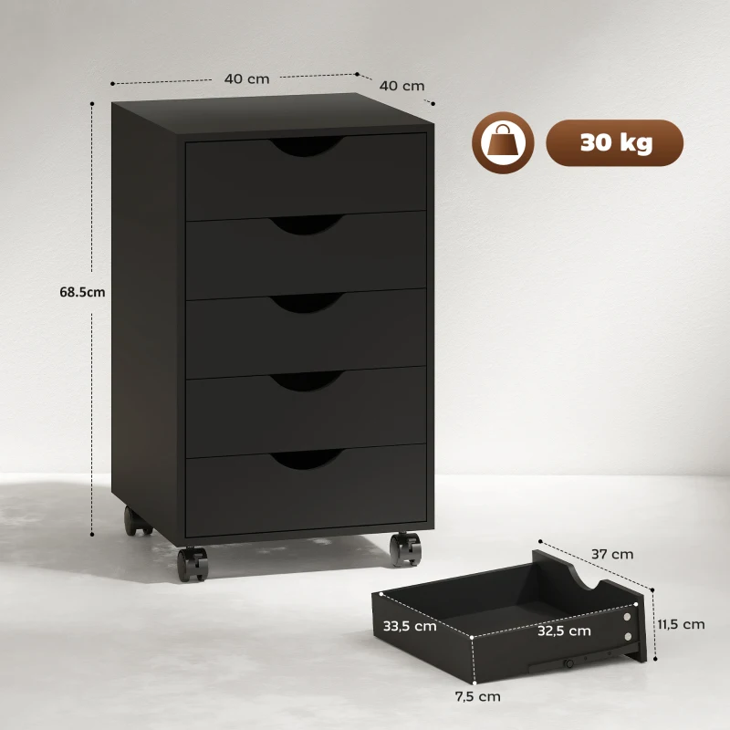 HOMCOM Cajonera de Oficina con Ruedas y 5 Cajones, Mueble Archivador para Estudio y Salón, 40x40x68,5 cm, Negro