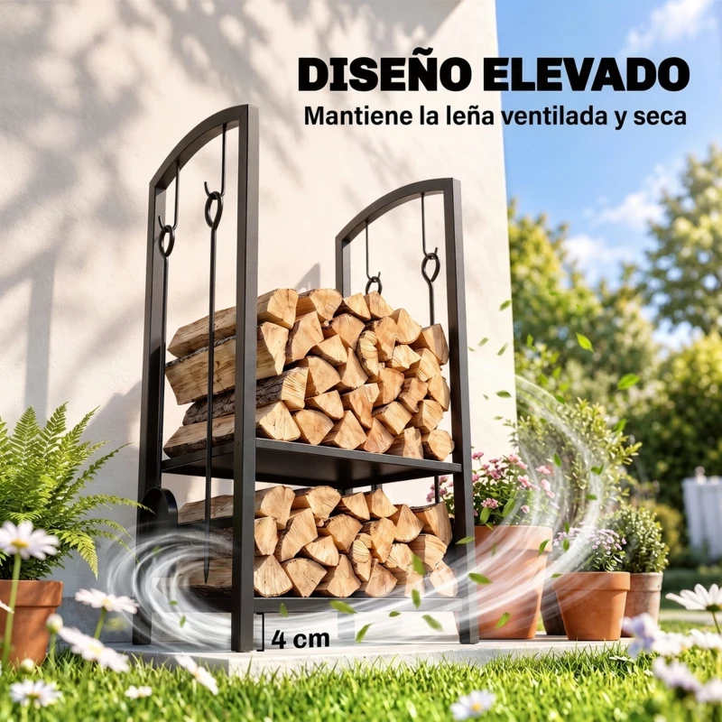 Outsunny Estante de Leña para chimenea Soporte para Leña de 2 Niveles Leñero Exterior e Interior Metálico con 4 Herramientas para Chimenea Carga Máx.100 kg 40x30x74,5 cm Negro