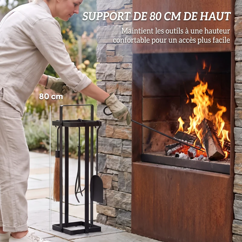 Outsunny Ensemble serviteur de cheminée 5 pièces, accessoires de cheminée, balai-brosse pelle pince tisonnier support métal noir