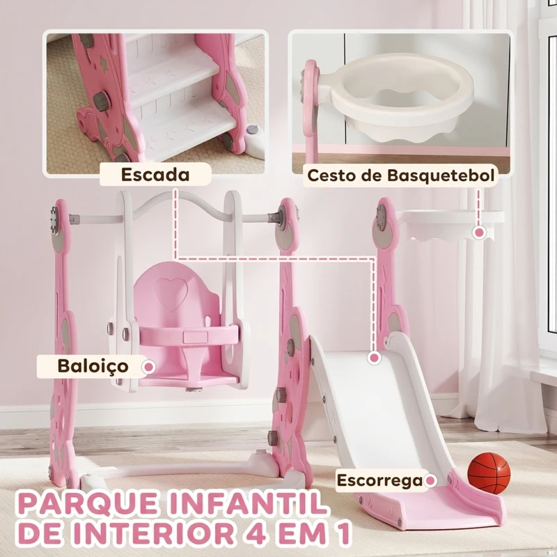 AIYAPLAY Escorrega Infantil 4 em 1 Parque Infantil com Baloiço e Escorrega Escalador Cesto de Basquetebol 147,5x160x107 cm Rosa