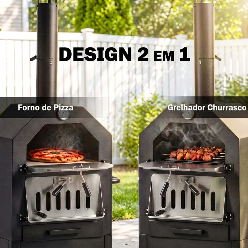 Outsunny Forno de Pizza Exterior com 2 Camadas Forno a Lenha com Rodas Gaveta Removível Prateleira para Jardim 64x54x160 cm Preto