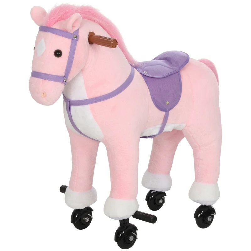AIYAPLAY Cavalo de Brincar com Rodas, Som de Cascos, Música, Pedais e Pegas, Estrutura Metálica, +3 Anos, 50 kg, Rosa