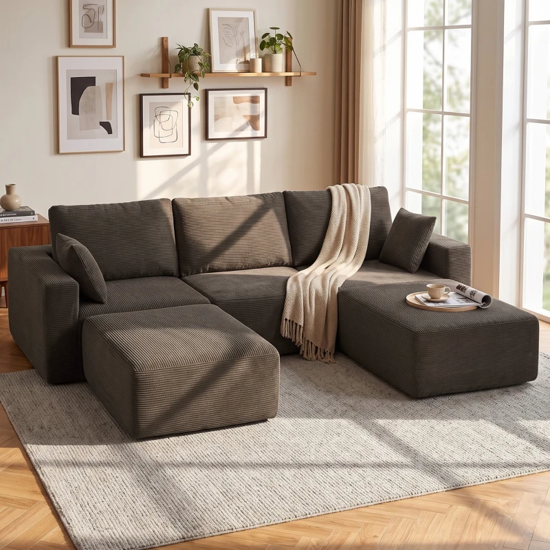 HOMCOM Sofa modułowa U 287 cm, bezramowa, szerokie i głębokie siedzisko, sztruks, pianka High Density, bez montażu, khaki
