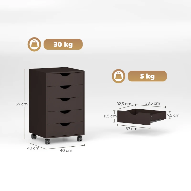 HOMCOM Gaveteiro de Escritório com Rodas e 5 Gavetas Arquivo Móvel para Sala de Estudo 40x40x67 cm Castanho
