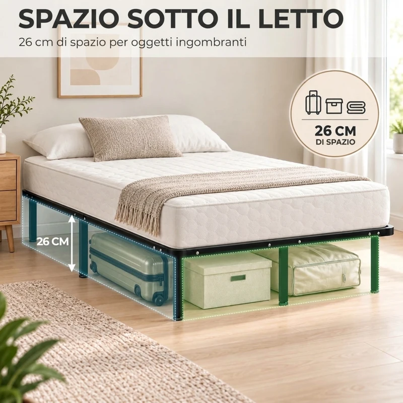 HOMCOM Struttura Letto Matrimoniale con 28 Doghe in Legno e Acciaio, 120x190x31 cm, Nero e Legno