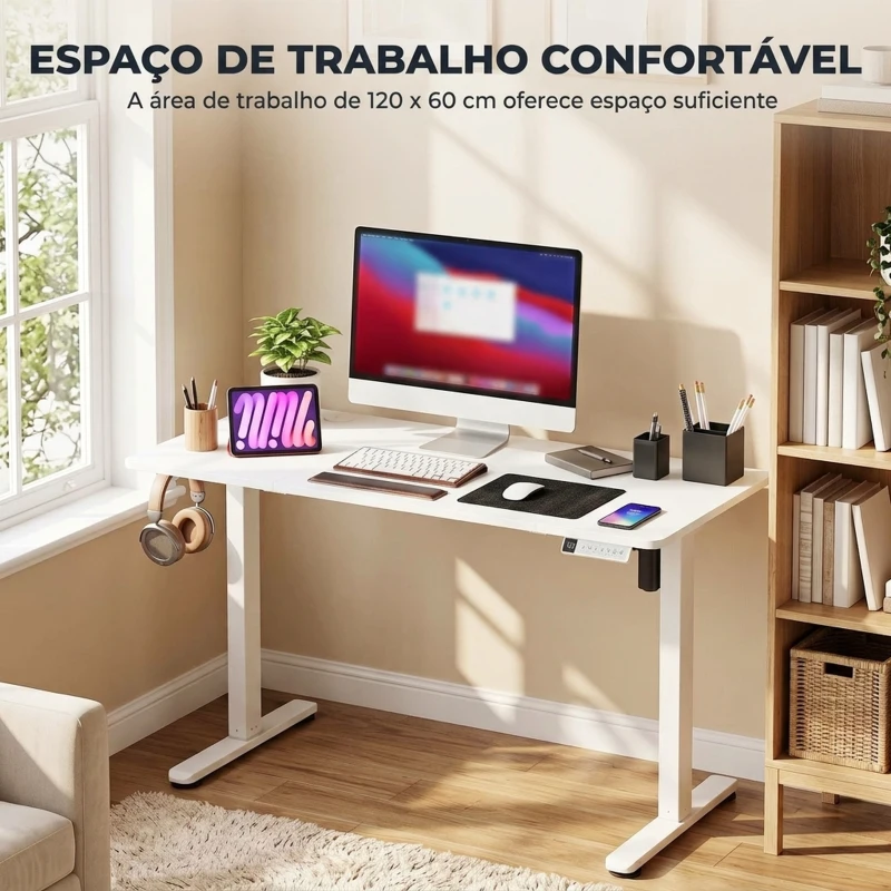 HOMCOM Secretária Elevatória Elétrica 120x60 cm, Altura Ajustável 72-120 cm, 3 Memórias, Silenciosa, 2 Ganchos e 2 Passa-cabos, Branca