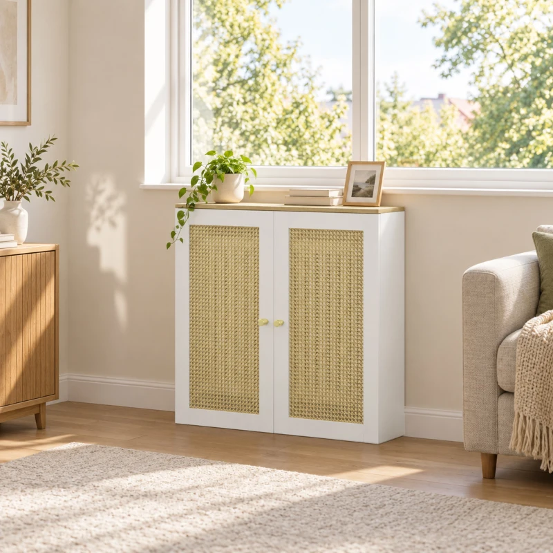 HOMCOM Cobre-radiador com 2 Portas em Rotim para Sala e Quarto 78x19x75 cm Branco