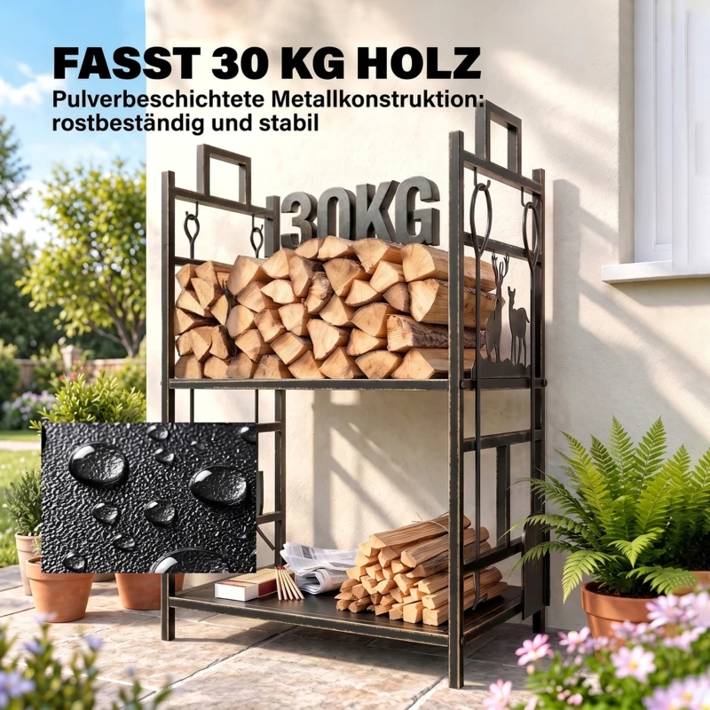 Outsunny Kaminholzständer mit Kaminbesteck, Brennholzregal Feuerholzablage Kaminwerkzeug Eisen Schwarz+Gold 51,5x33x77 cm