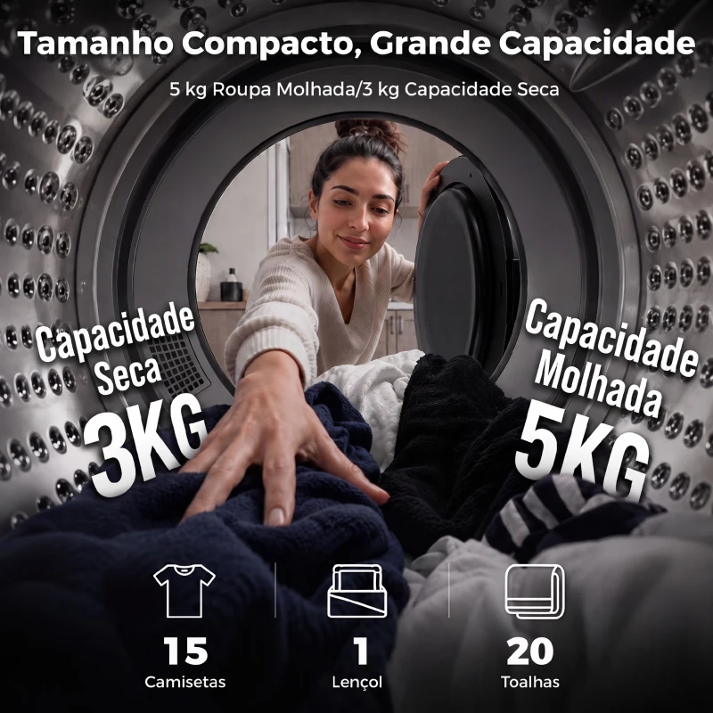 HOMCOM Máquina de Secar Roupa de Evacuação 3 kg 1000 W com Ecrã Tátil, Controlo de Tempo e Temperatura, Função Anti-rugas, Branco