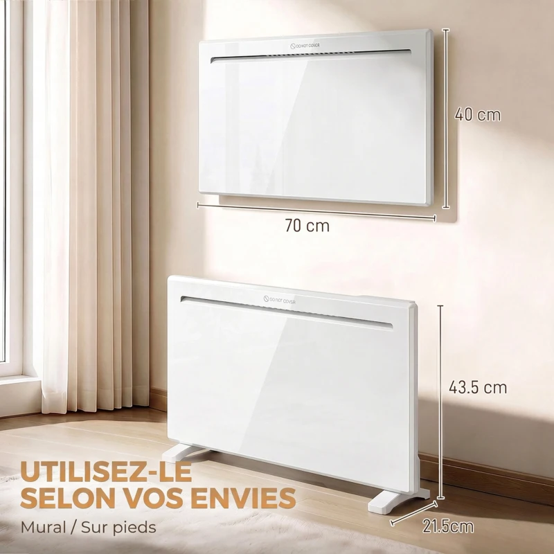 HOMCOM Radiateur Électrique 1500 W Connecté WiFi Sur Pied ou Mural, Commandes Vocales, 4 Modes, Écran LED, 70x21,5x43,5cm Blanc