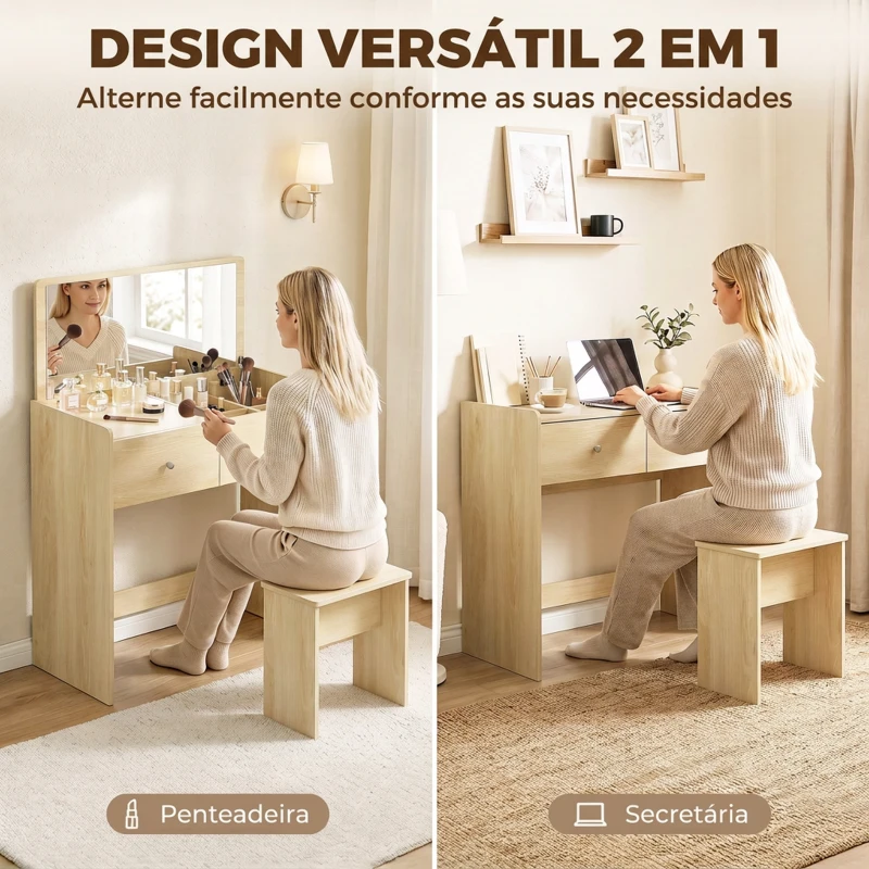 HOMCOM Toucador com Espelho Rebatível e Banco, Mesa de Maquilhagem com Gaveta e 6 Compartimentos, 81x40x86 cm, Carvalho