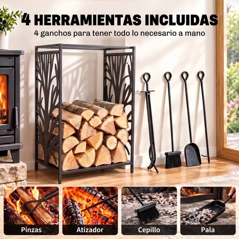 HOMCOM Estante para Leña Estantería de Almacenamiento para Chimenea 46x30x70 cm Soporte para Leña con 4 Herramientas Negro