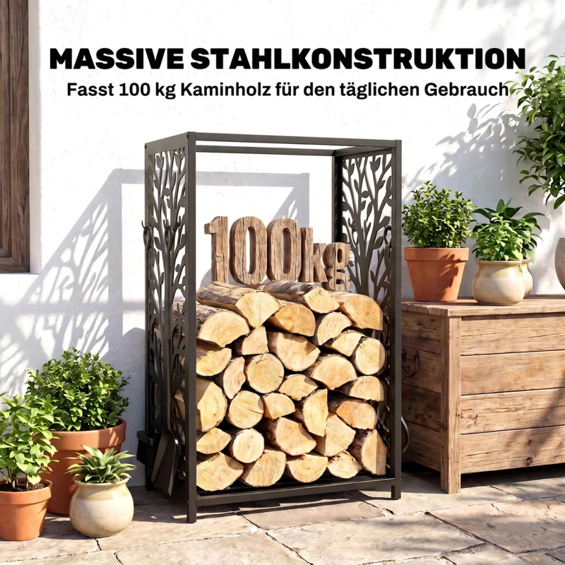HOMCOM Kaminholzregal für innen Stahl 46 x 30 x 70cm Brennholzregal mit 4 Kaminwerkzeug 4 Haken Kaminbesteck Set Kaminholzständer für Kamin Ofen Feuerholzregal Kaminholzhalter für Feuerholz, Schwarz