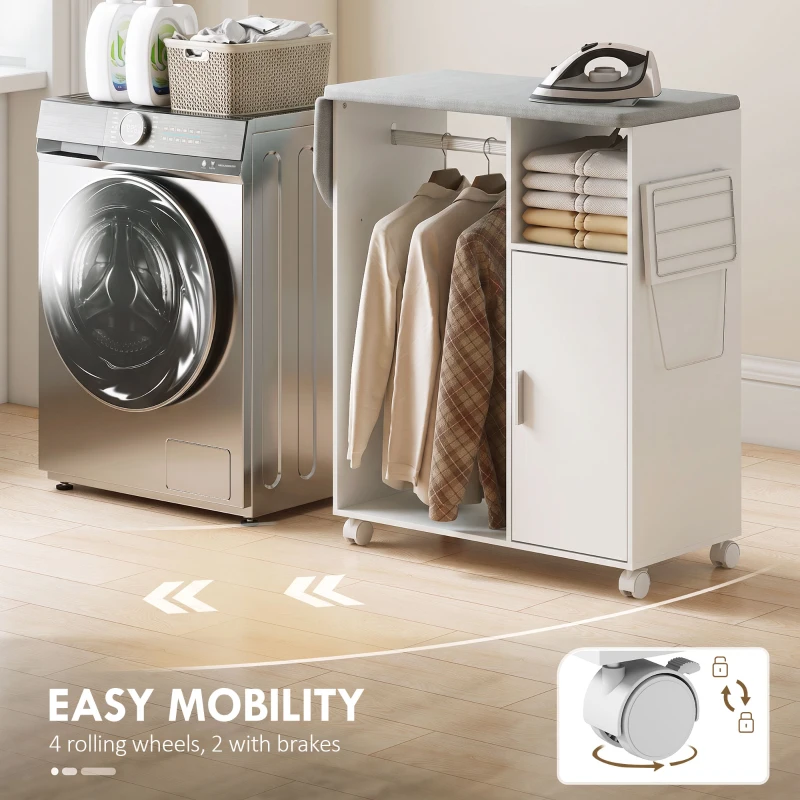 HOMCOM Rolling Ironing Board Cabinet, Foldable Ironing Station with Storage, Wheels for Home, Laundry Room, White