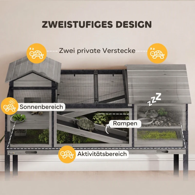 PawHut Houten schildpaddenverblijf 2-laags met 2 huisjes, kijkvensters, klapdak en uitschuifbare lade - grijs