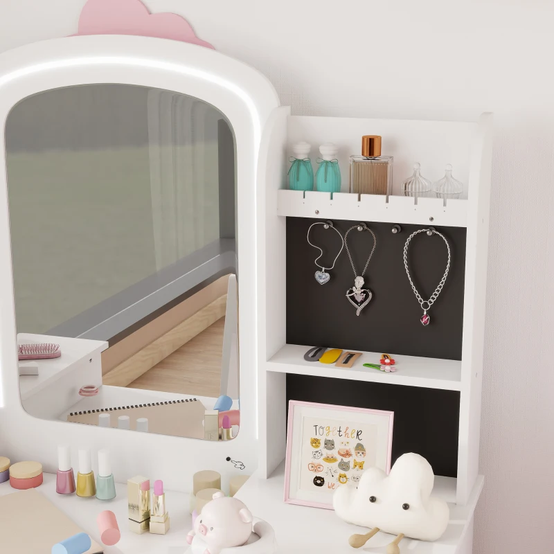 AIYAPLAY Penteadeira Infantil com Espelho LED, Cadeira, Gavetas em Tecido, Ganchos para Joias e Prateleiras, 3-8 Anos, Branco