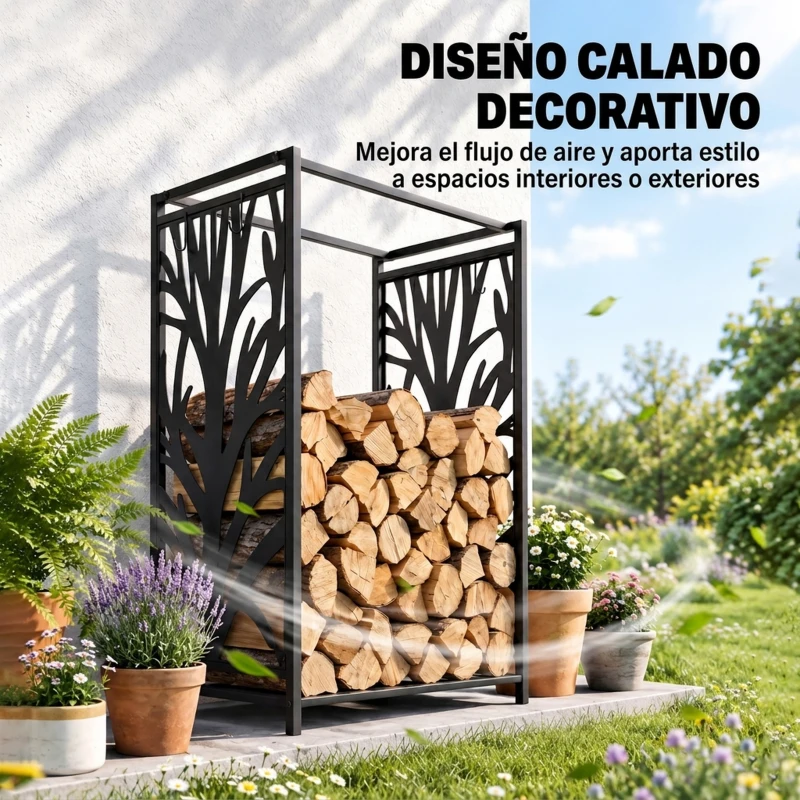 HOMCOM Estante para Leña Estantería de Almacenamiento para Chimenea 46x30x70 cm Soporte para Leña con 4 Herramientas Negro