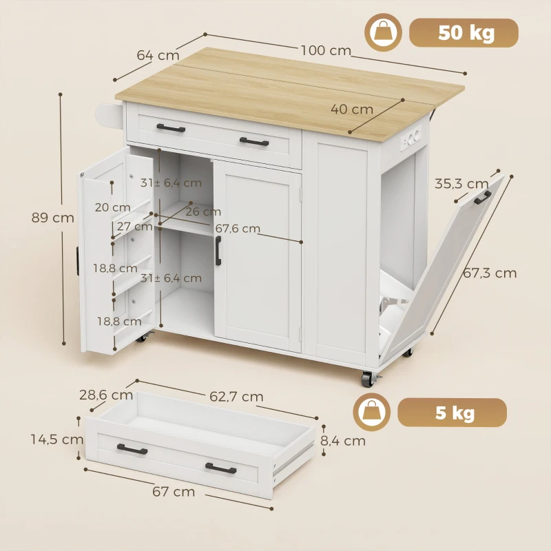 HOMCOM Ilha de Cozinha com Rodas, Tampo Extensível, Estação de Carregamento, Compartimento para Balde, Prateleiras nas Portas, Branco
