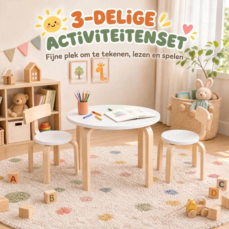 AIYAPLAY Kindertafel met 2 stoelen, 3-delige stapelbare kinderzitgroep met afgeronde hoeken, wit, voor 3-8 jaar