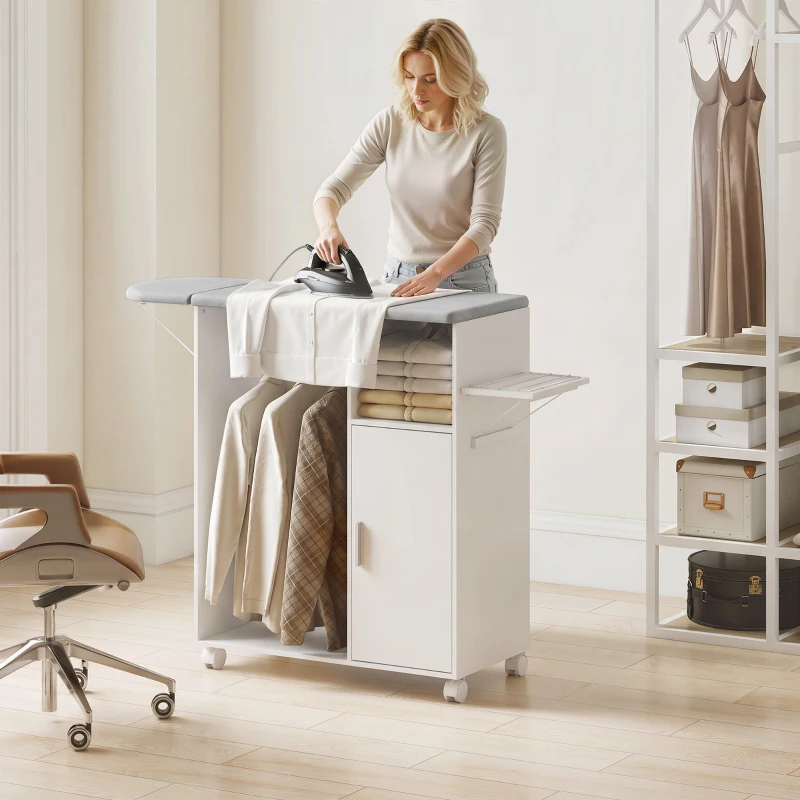 HOMCOM Rolling Ironing Board Cabinet, Foldable Ironing Station with Storage, Wheels for Home, Laundry Room, White