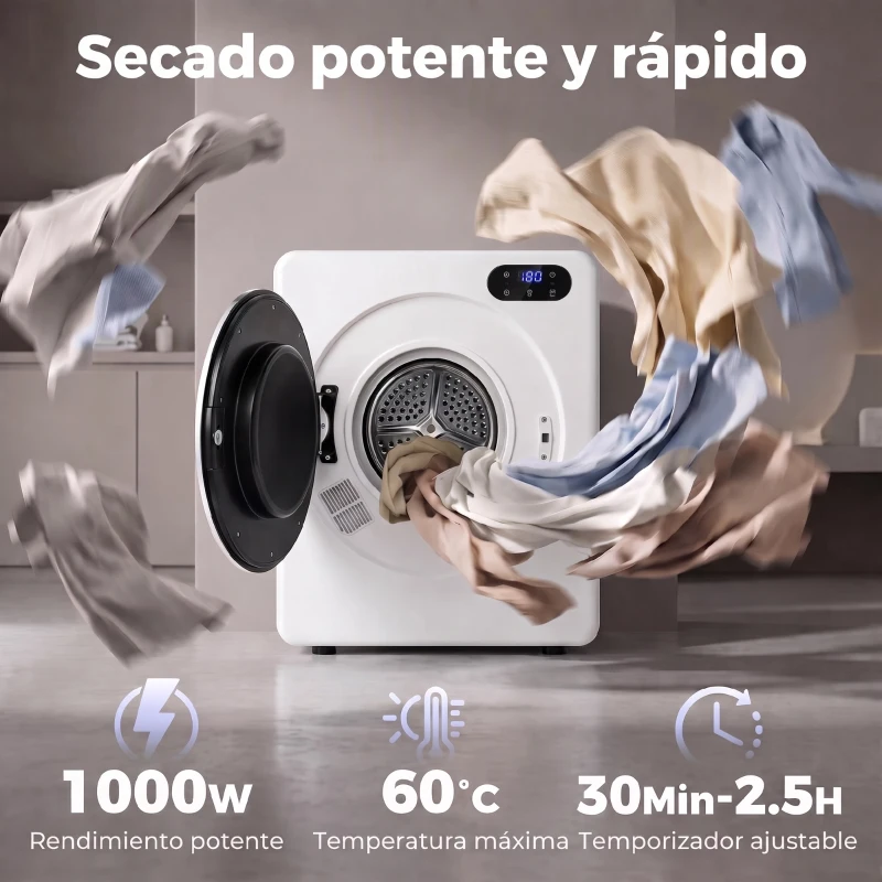 HOMCOM Secadora de Evacuación 3 kg 1000W con Pantalla Táctil Control de Tiempo y Temperatura Función Antiarrugas Blanco