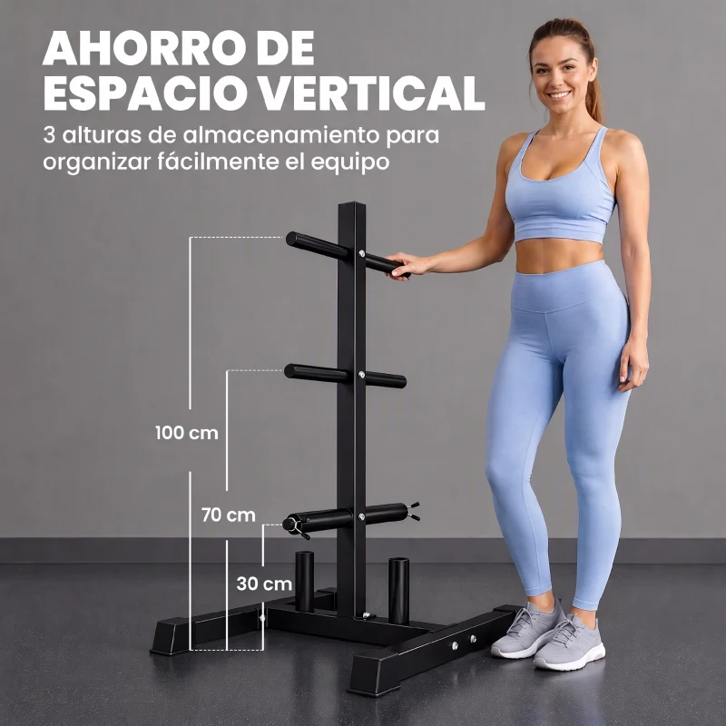 SPORTNOW Soporte para Discos de Pesas Carga 300 kg para Discos de 25 mm y 50 mm con 2 Estantes de Barra para Gimnasio Casa Negro