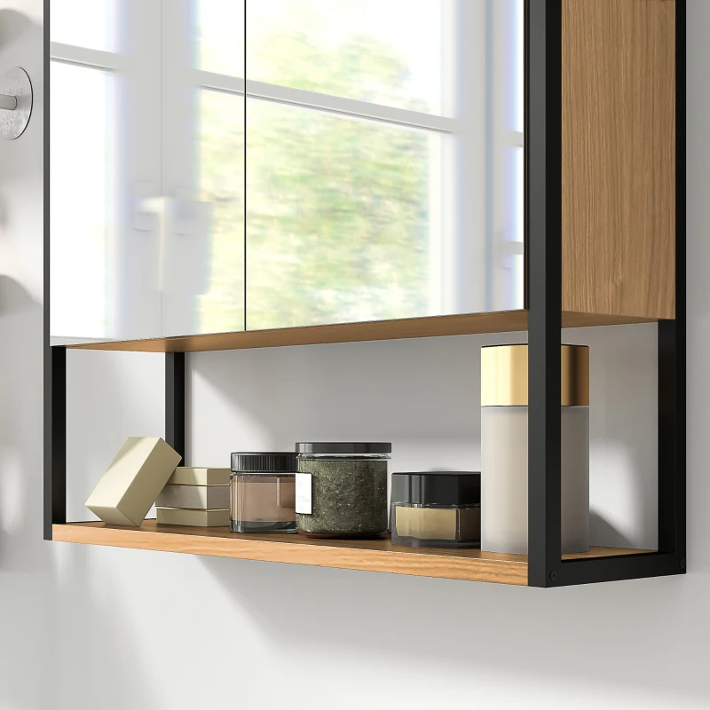 HOMCOM Bathroom Mirror Cabinet with Soft-Close Doors and Adjustable Shelf - Natural Wood Finish
