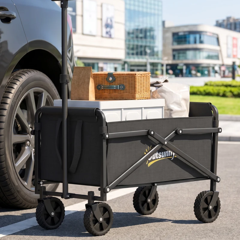 Outsunny Carro de Praia Dobrável com Rodas, Pega Ajustável, Estrutura em Metal e Saco de Transporte, até 60 kg, para Jardim e Campismo, Preto