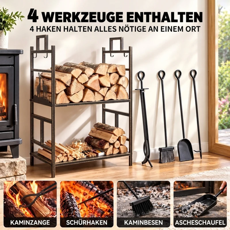 Outsunny Kaminholzständer mit Kaminbesteck, Brennholzregal Feuerholzablage Kaminwerkzeug Eisen Schwarz+Gold 51,5x33x77 cm
