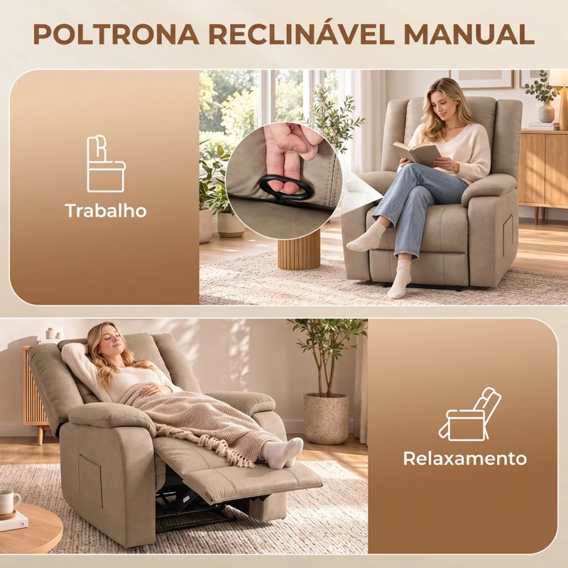 HOMCOM Cadeirão Relax Reclinável Manual em PU com Apoio para os Pés, Assento Largo, Acolchoado Espesso, Reclinável até 155°, Cáqui