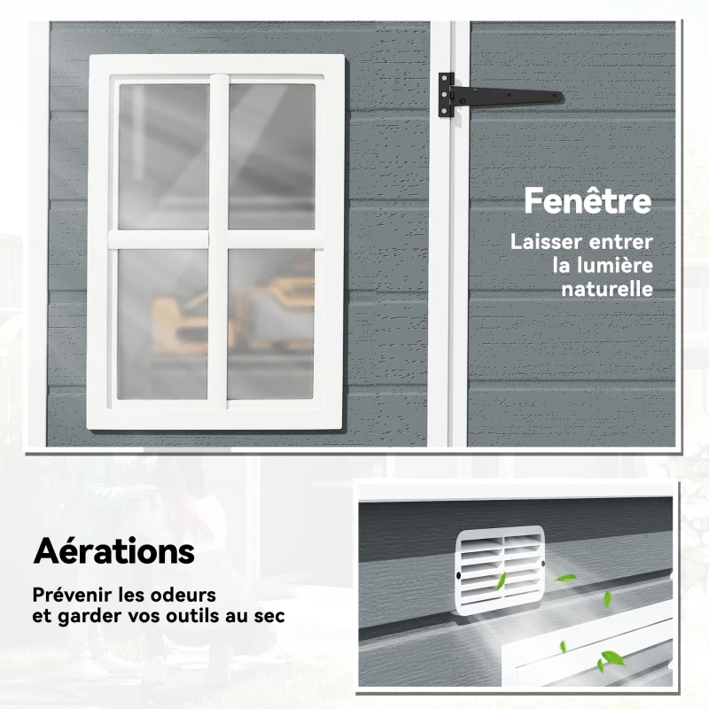 Outsunny Abri de Jardin en Résine 4,96m², Toit Incliné, Plancher, Fenêtres, Aérations, Portes Verrouillables, 303x183x197cm, Gris
