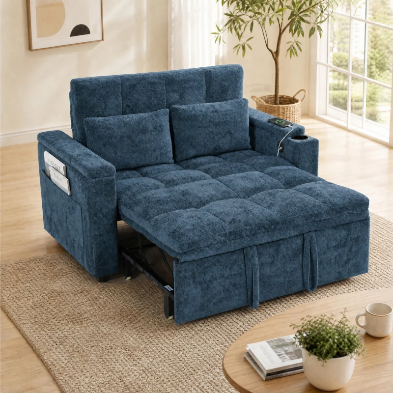 HOMCOM 2 Seater Sofa Bed, 3-in-1 Convertible Pull Out Sleeper Bed with Hidden Table, USB Port, Armrest Storage, Dark Blue