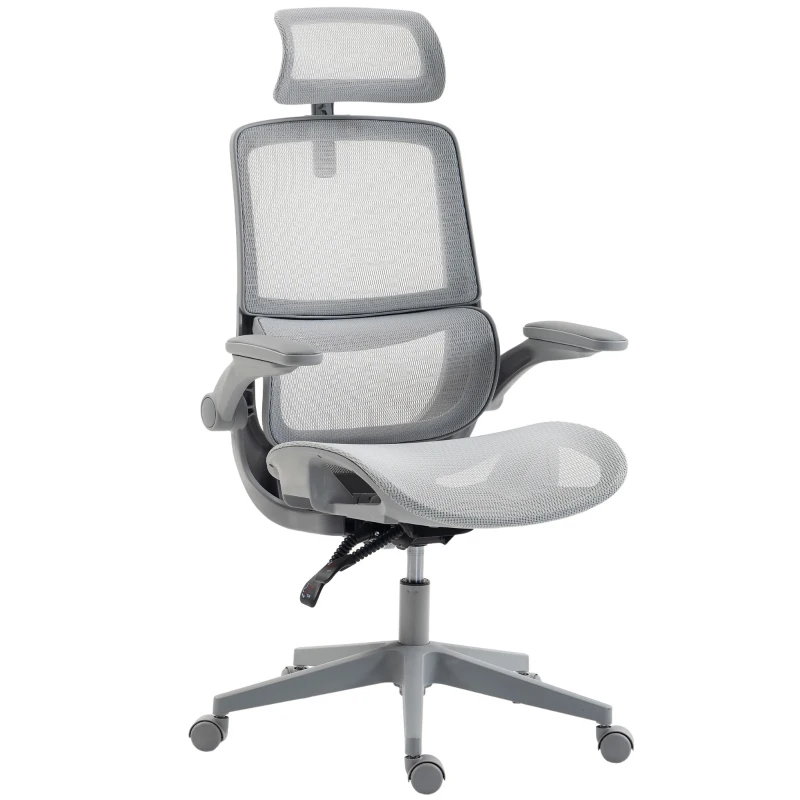 HOMCOM Cadeira de Escritório Ergonómica com Apoio Lombar Dinâmico, Reclinação 135°, Encosto de Cabeça e Apoios de Braços Ajustáveis, Cinzento