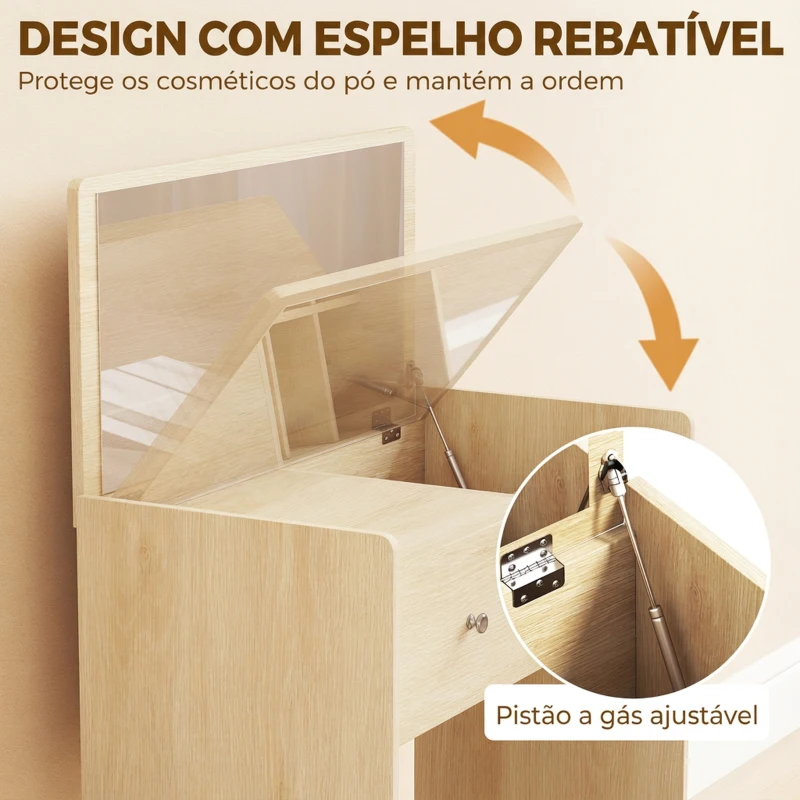 HOMCOM Toucador com Espelho Rebatível e Banco, Mesa de Maquilhagem com Gaveta e 6 Compartimentos, 81x40x86 cm, Carvalho