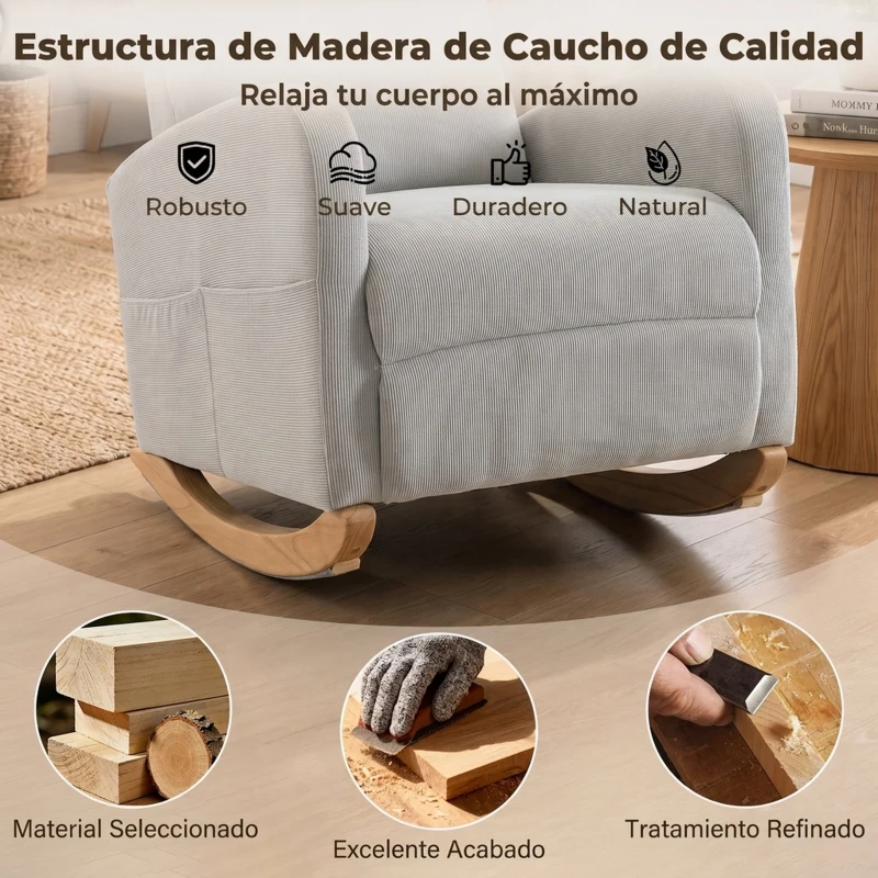 HOMCOM Silla Mecedora de Pana con Respaldo Alto Patas de Madera Bolsillos Reposabrazos Estilo Moderno Gris Claro