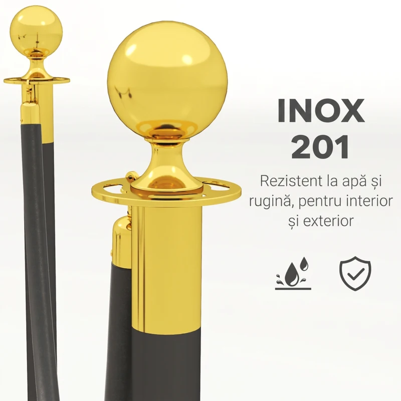 HOMCOM Stâlpi de delimitare din oțel inoxidabil cu frânghie catifelată neagră de 1,5 m și bază umplibilă, Ø32x96 cm