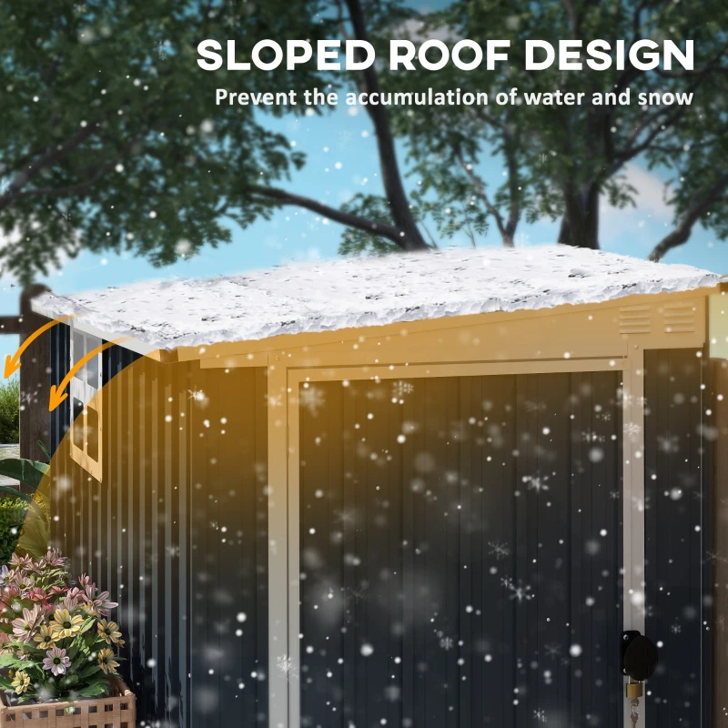 Outsunny 4 x 6ft Lean to Garden Metal Shed, Outdoor Storage Shed with Window, 2 Vents and Lockable Door for Patio, Dark Grey