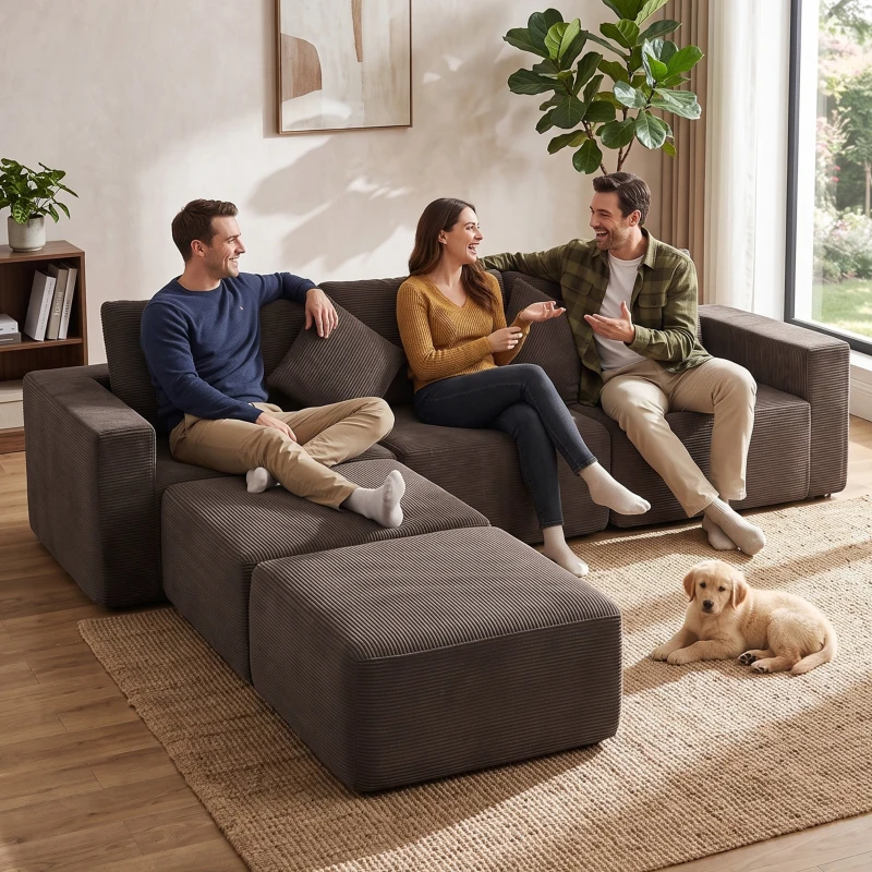 HOMCOM Sofa modułowa U 287 cm, bezramowa, szerokie i głębokie siedzisko, sztruks, pianka High Density, bez montażu, khaki