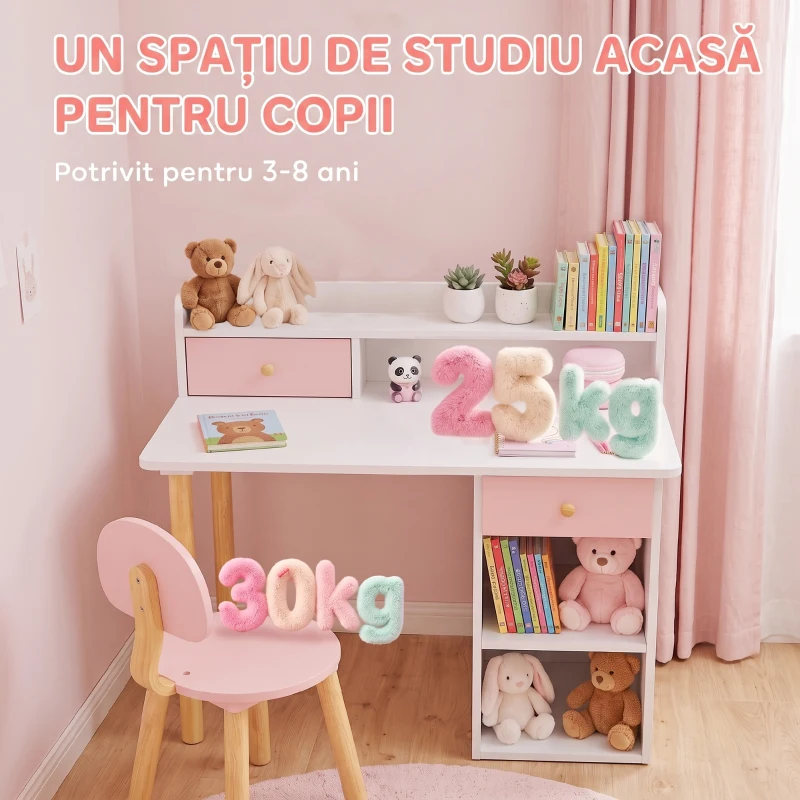 AIYAPLAY Set birou și scaun pentru copii din lemn, cu 2 sertare și rafturi, pentru cameră, birou sau grădiniță, roz
