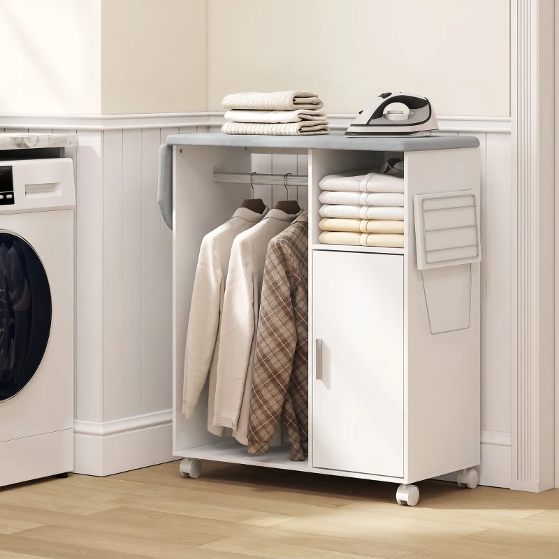 HOMCOM Rolling Ironing Board Cabinet, Foldable Ironing Station with Storage, Wheels for Home, Laundry Room, White