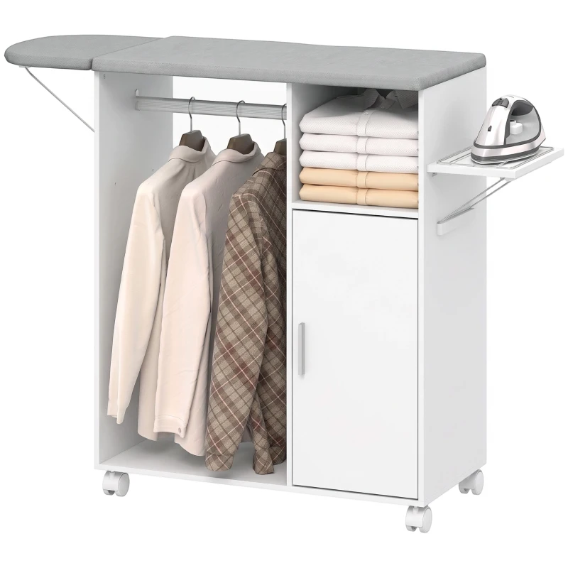 HOMCOM Rolling Ironing Board Cabinet, Foldable Ironing Station with Storage, Wheels for Home, Laundry Room, White