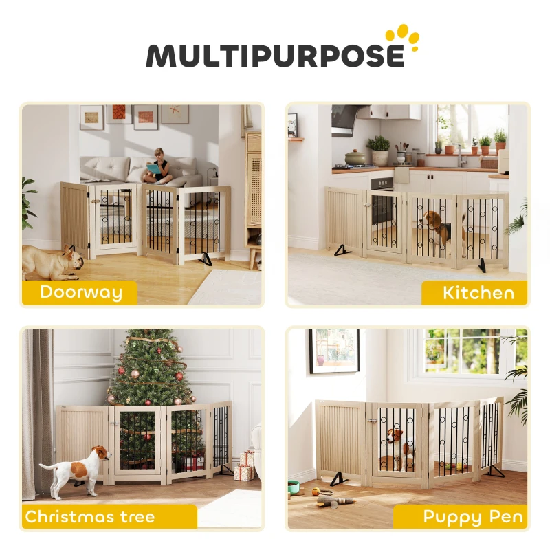 PawHut 4 Panel Freestanding Pet Gate, Indoor Dog Barrier with Lockable Door, Support Feet, 360° Flexible Hinges, Oak